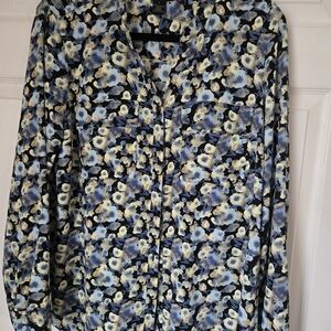 By Design Womens Floral Button Down Shirt - Blue and Cream Large, Front Pockets
